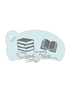 een mylar getekend sjabloon als voorbeeld van de echte, met boeken erop, een open boek en een stapel boeken. Logo van  CreaRose